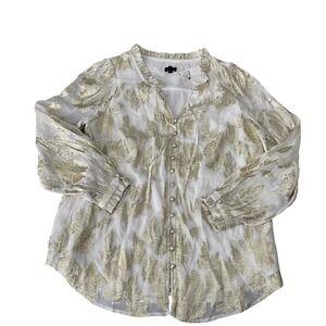 Talbots White Gold Ruffle Neck Top Winter Floral Lined Blouse | Women Size Large
